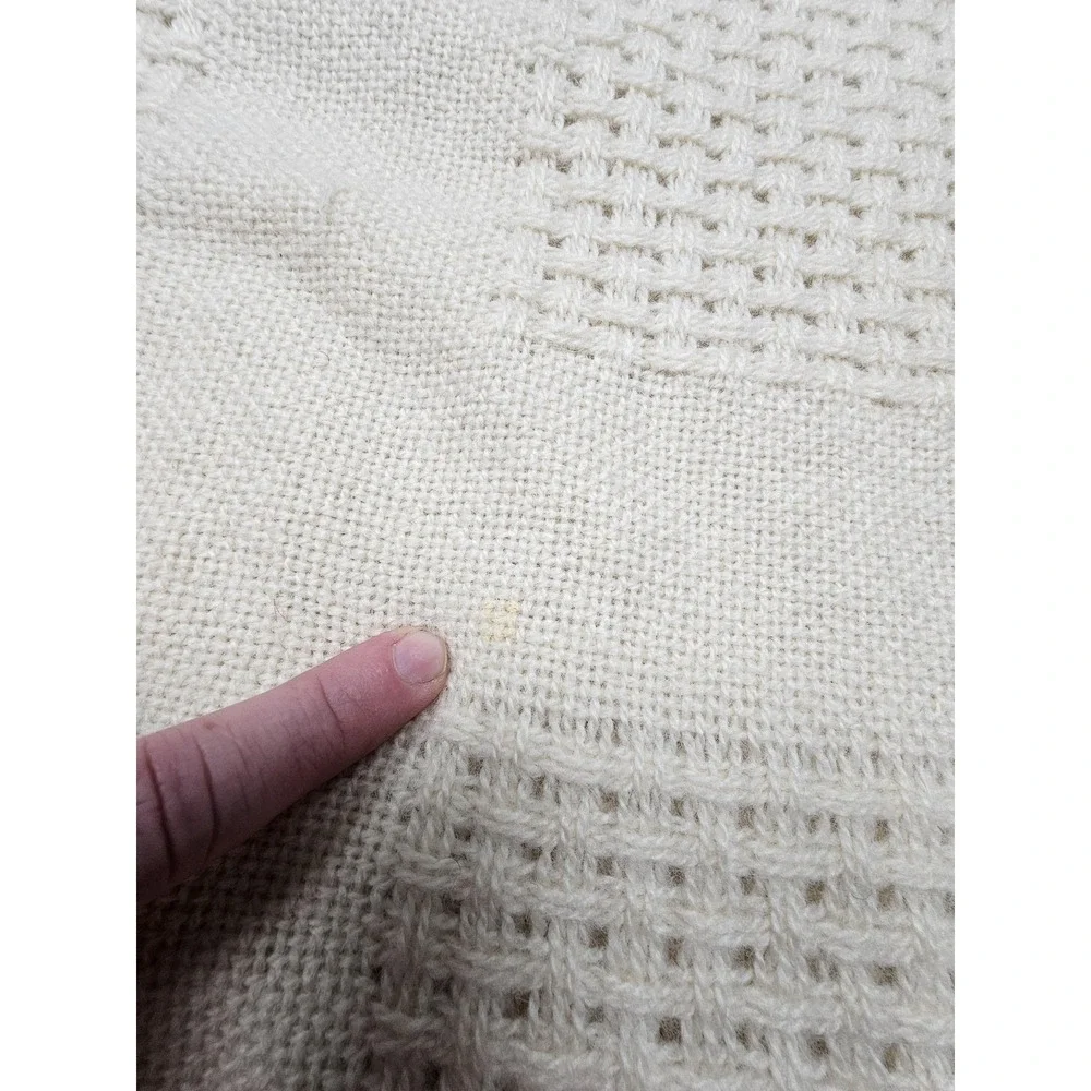 Faribo Wool Throw Blanket 47x60 Beige Waffle Knit Check Fringe USA Made